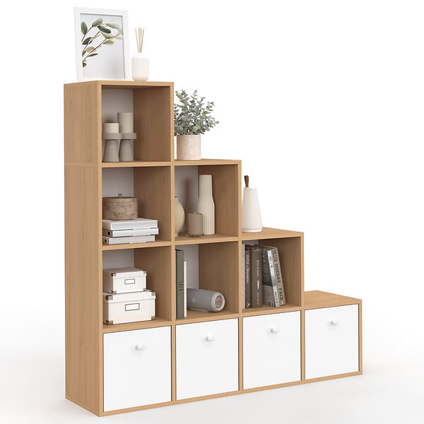 ID MARKET - Meuble de rangement en escalier LORYS 4 niveaux bois et blanc avec 4 tiroirs en tissu - large