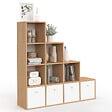ID MARKET - Meuble de rangement en escalier LORYS 4 niveaux bois et blanc avec 4 tiroirs en tissu - vignette
