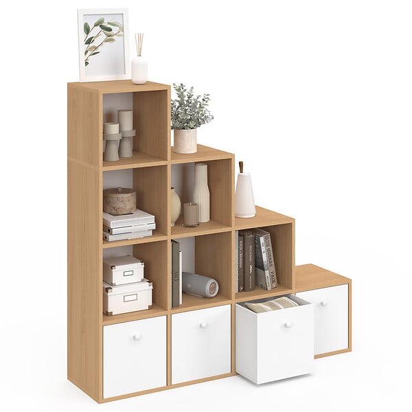 ID MARKET - Meuble de rangement en escalier LORYS 4 niveaux bois et blanc avec 4 tiroirs en tissu - large