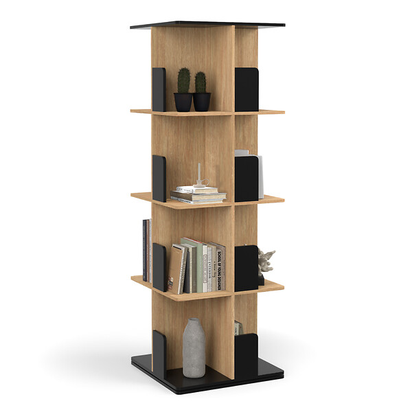 ID MARKET - Etagère bibliothèque rotative 4 niveaux RAPHA noir et effet bois - large