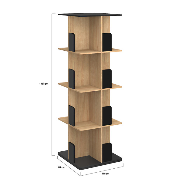 ID MARKET - Etagère bibliothèque rotative 4 niveaux RAPHA noir et effet bois - large