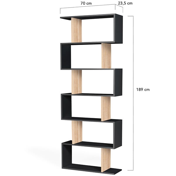 ID MARKET - Etagère bibliothèque SOFIA forme S bois façon hêtre et noir 189 cm - large