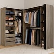 ID MARKET - Dressing extensible d'angle MARLON 200 x 150 x 180 cm hêtre avec penderies + tiroirs + étagères + rideaux noirs - vignette