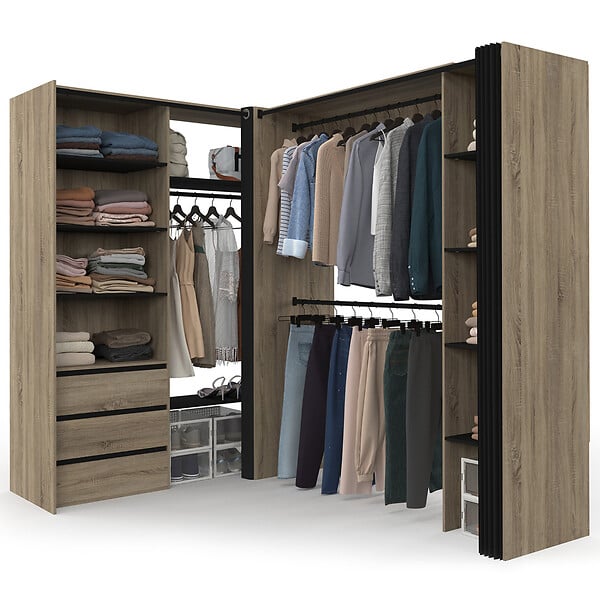 ID MARKET - Dressing extensible d'angle MARLON 200 x 150 x 180 cm hêtre avec penderies + tiroirs + étagères + rideaux noirs - large