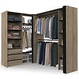 ID MARKET - Dressing extensible d'angle MARLON 200 x 150 x 180 cm hêtre avec penderies + tiroirs + étagères + rideaux noirs - vignette