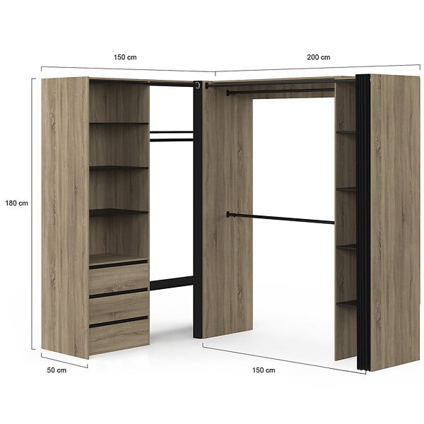 ID MARKET - Dressing extensible d'angle MARLON 200 x 150 x 180 cm hêtre avec penderies + tiroirs + étagères + rideaux noirs - large