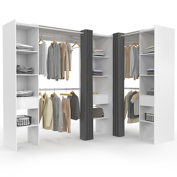 ID MARKET - Dressing extensible d'angle MARLON 230 x 140 x 180 cm blanc avec penderies + étagères + rideaux gris - large