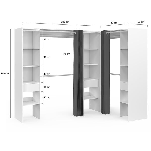 ID MARKET - Dressing extensible d'angle MARLON 230 x 140 x 180 cm blanc avec penderies + étagères + rideaux gris - large