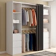 ID MARKET - Dressing extensible double MERYL 120/180 cm blanc avec 6 tiroirs + étagères + double penderie + rideau gris - vignette