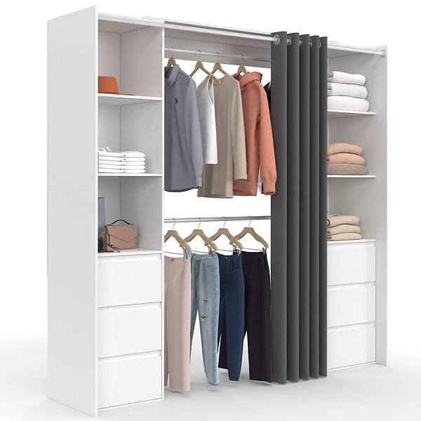 ID MARKET - Dressing extensible double MERYL 120/180 cm blanc avec 6 tiroirs + étagères + double penderie + rideau gris - large