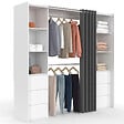 ID MARKET - Dressing extensible double MERYL 120/180 cm blanc avec 6 tiroirs + étagères + double penderie + rideau gris - vignette