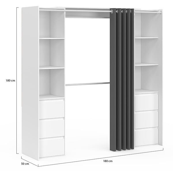 ID MARKET - Dressing extensible double MERYL 120/180 cm blanc avec 6 tiroirs + étagères + double penderie + rideau gris - large