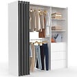 ID MARKET - Dressing extensible MARTY 120/170 x 50 x 180 cm blanc avec 3 tiroirs + étagères + double penderie + rideau gris - vignette