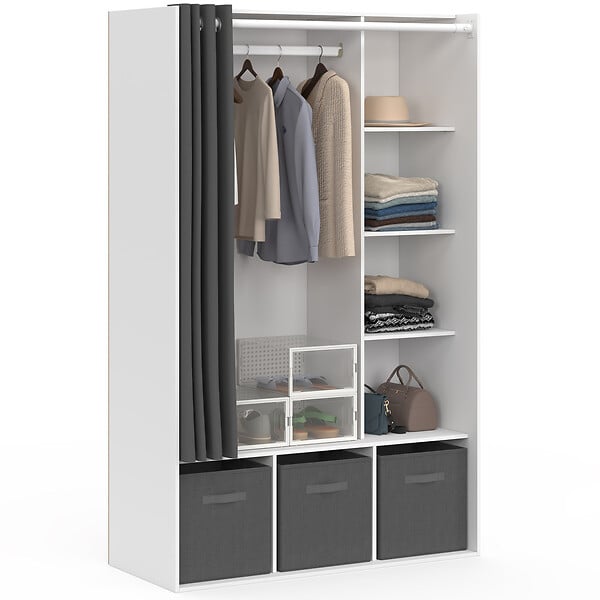 ID MARKET - Dressing penderie DIANE 105 x 45 x 167 cm blanc avec étagères + boites de rangement + rideau gris - large