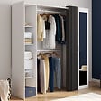 ID MARKET - Dressing extensible MERYL 145/170 x 50 x 180 cm blanc avec étagères + double penderie + miroir + rideau gris - vignette