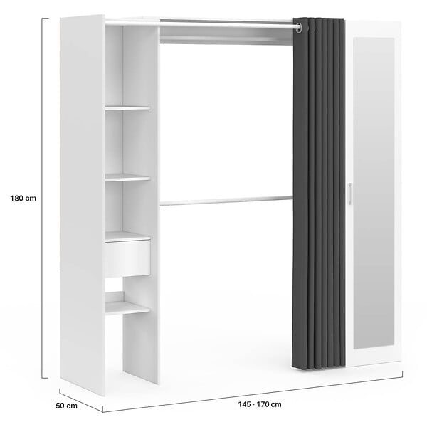 ID MARKET - Dressing extensible MERYL 145/170 x 50 x 180 cm blanc avec étagères + double penderie + miroir + rideau gris - large