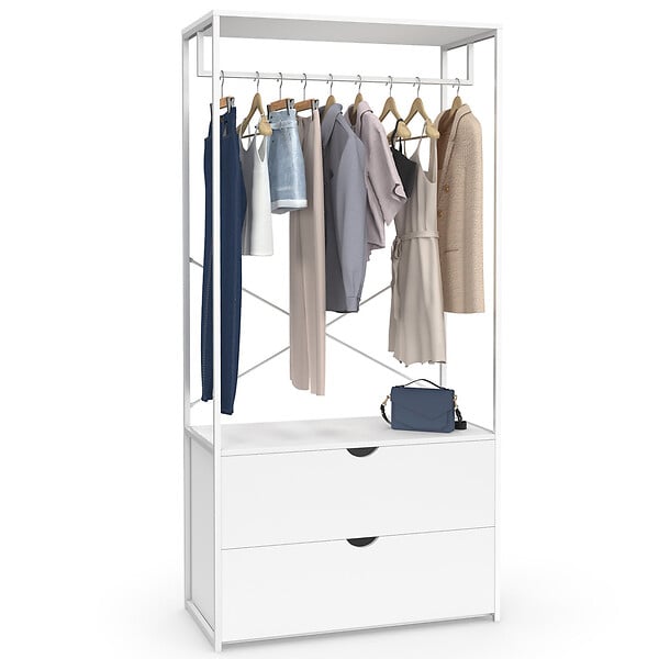 ID MARKET - Dressing penderie 2 tiroirs L. 80 cm BROOKLYN bois blanc et métal blanc - large