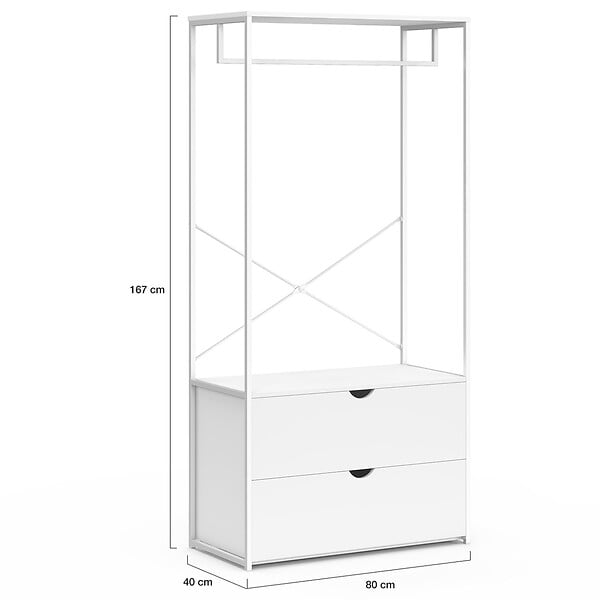ID MARKET - Dressing penderie 2 tiroirs L. 80 cm BROOKLYN bois blanc et métal blanc - large