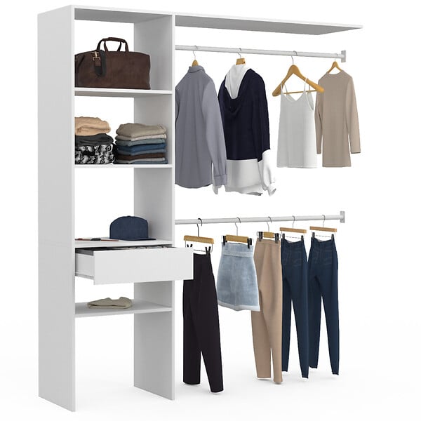 ID MARKET - Kit dressing MELINE 160 x 40 x 180 cm blanc avec étagères + tiroir + double penderie - large