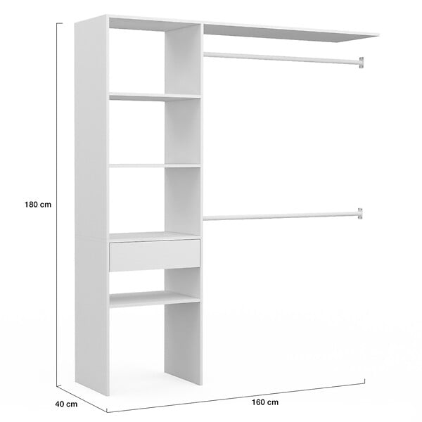 ID MARKET - Kit dressing MELINE 160 x 40 x 180 cm blanc avec étagères + tiroir + double penderie - large