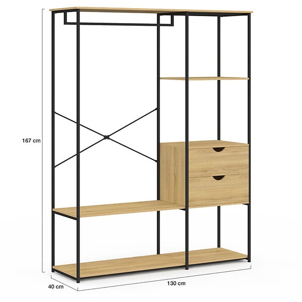 ID MARKET - Dressing penderie avec étagères et 2 tiroirs L. 130 cm DETROIT design industriel - large