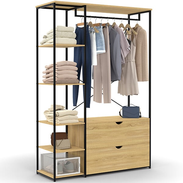 ID MARKET - Dressing penderie étagères L. 113 cm DETROIT 2 tiroirs design industriel - large