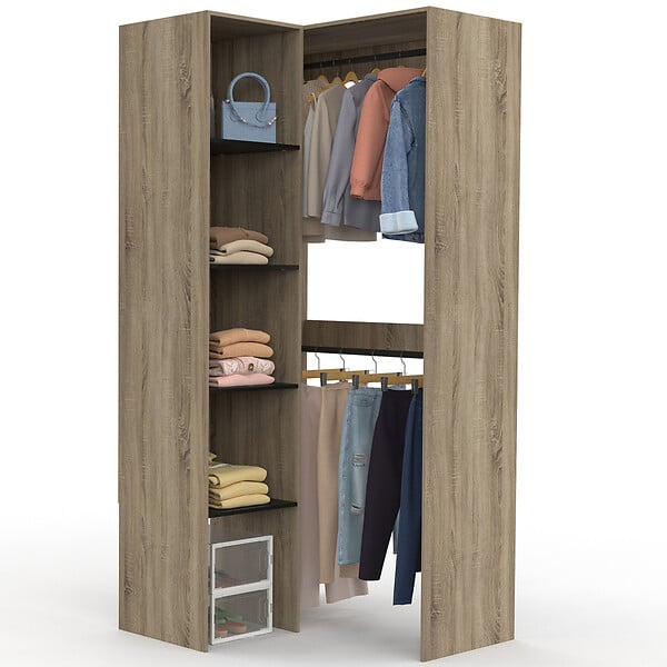 ID MARKET - Dressing d'angle modulable L. 90 / 127 cm MELMAN double penderie + étagères bois et noir - large
