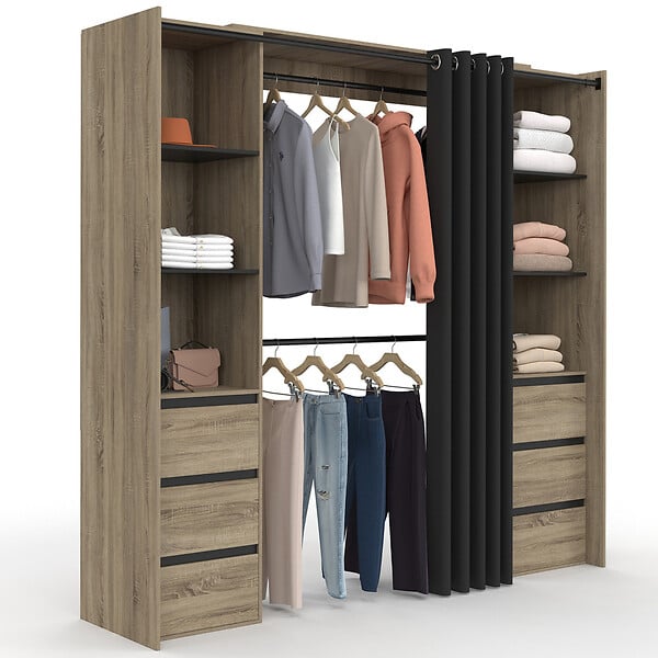 ID MARKET - Dressing extensible double MERYL 120/180 cm hêtre avec 6 tiroirs + étagères + double penderie + rideau noir - large
