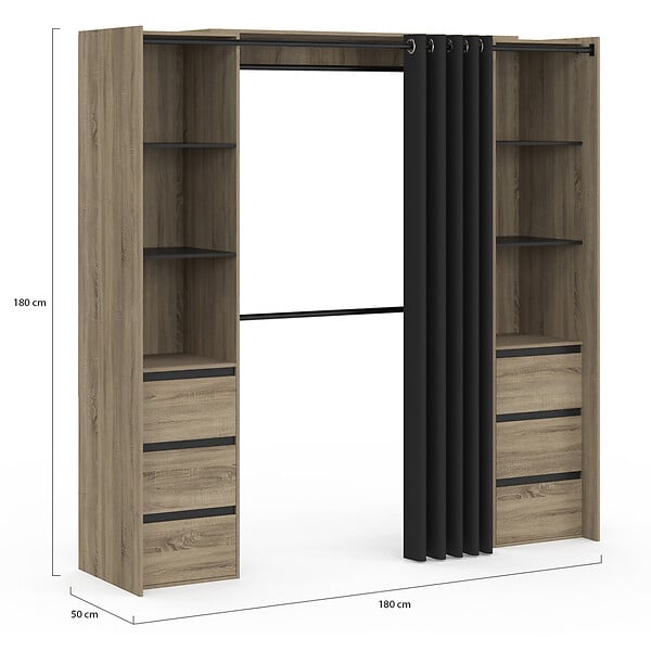 ID MARKET - Dressing extensible double MERYL 120/180 cm hêtre avec 6 tiroirs + étagères + double penderie + rideau noir - large
