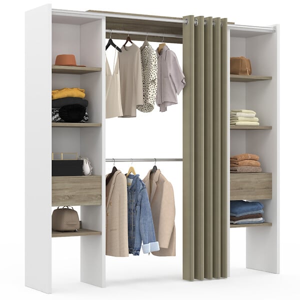 ID MARKET - Dressing extensible double MERYL 120/180 x 50 x 180 cm blanc avec étagères hêtre + double penderie + rideau taupe - large