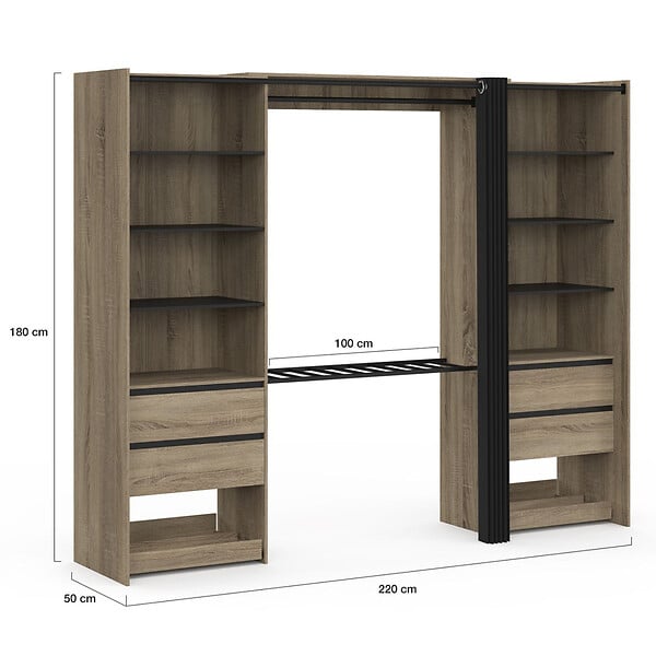 ID MARKET - Dressing double XXL MERYL 220 cm avec porte pantalons + étagères + tiroirs + rangements à chaussures hêtre et noir - large