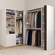 ID MARKET - Dressing extensible d'angle MARLON 200 x 150 x 180 cm cm blanc avec penderies + tiroirs + étagères + rideaux gris - vignette