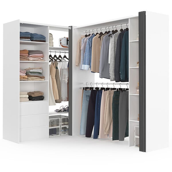 ID MARKET - Dressing extensible d'angle MARLON 200 x 150 x 180 cm cm blanc avec penderies + tiroirs + étagères + rideaux gris - large