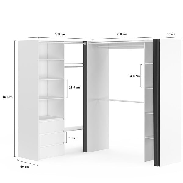 ID MARKET - Dressing extensible d'angle MARLON 200 x 150 x 180 cm cm blanc avec penderies + tiroirs + étagères + rideaux gris - large