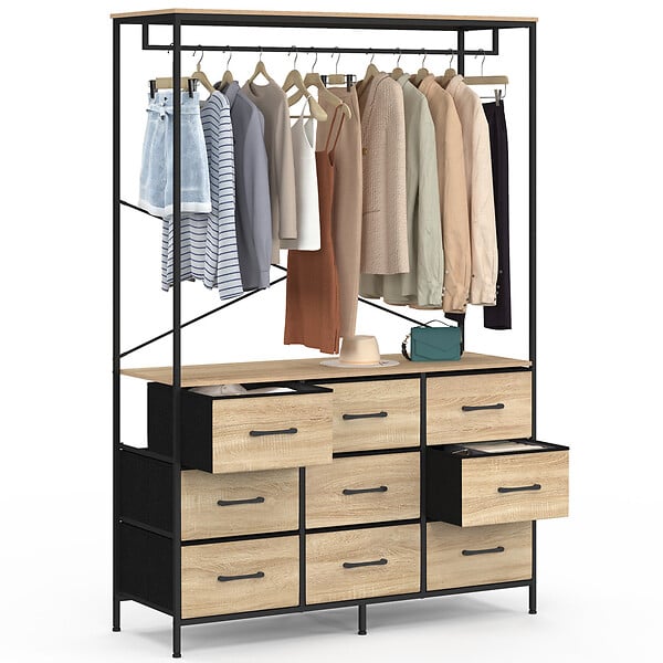 ID MARKET - Dressing penderie L. 113 cm UTAH avec 9 bacs en tissu bois et noir - large
