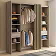 ID MARKET - Dressing extensible double MERYL 120/180 x 50 x 180 cm hêtre avec étagères + double penderie + rideau taupe - vignette