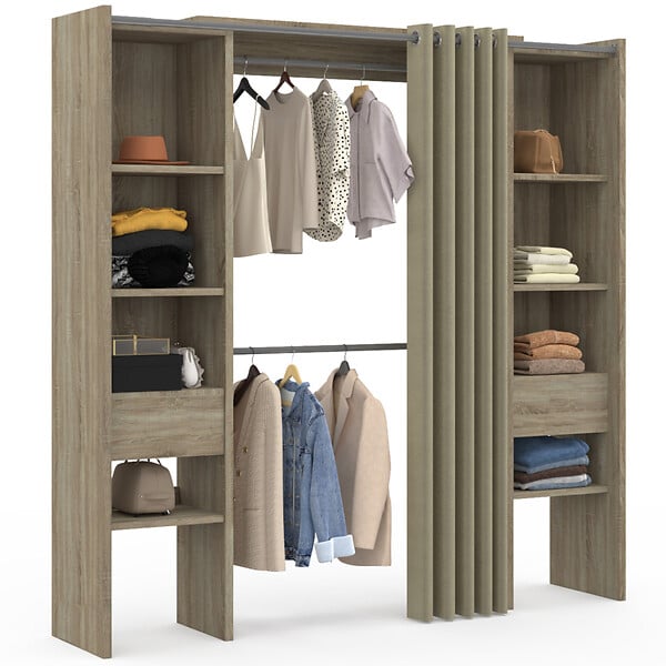 ID MARKET - Dressing extensible double MERYL 120/180 x 50 x 180 cm hêtre avec étagères + double penderie + rideau taupe - large