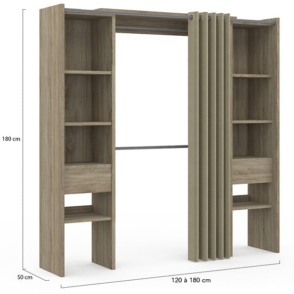 ID MARKET - Dressing extensible double MERYL 120/180 x 50 x 180 cm hêtre avec étagères + double penderie + rideau taupe - large