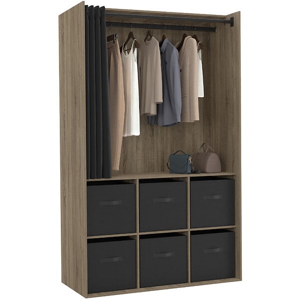 ID MARKET - Dressing penderie DIANE 104 x 50 x 172 cm hêtre avec 6 boites de rangement + rideau noir - large