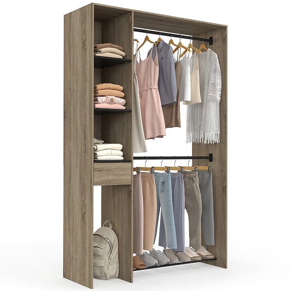 ID MARKET - Dressing double penderie L. 110 cm MIRTY avec étagères + tiroir + rangements à chaussures hêtre et noir - large