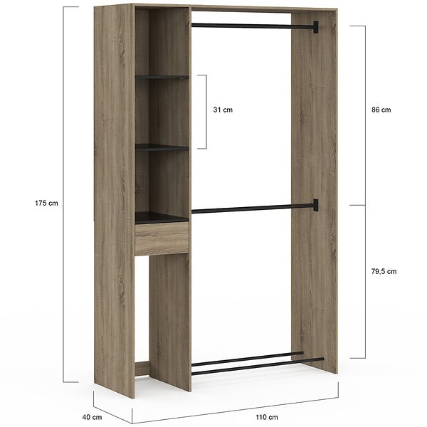 ID MARKET - Dressing double penderie L. 110 cm MIRTY avec étagères + tiroir + rangements à chaussures hêtre et noir - large