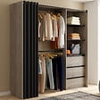 ID MARKET - Dressing extensible MARTY 120/170 x 50 x 180 cm hêtre avec 3 tiroirs + étagères + double penderie + rideau noir - vignette