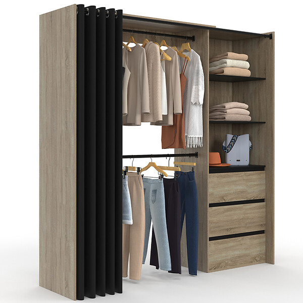 ID MARKET - Dressing extensible MARTY 120/170 x 50 x 180 cm hêtre avec 3 tiroirs + étagères + double penderie + rideau noir - large