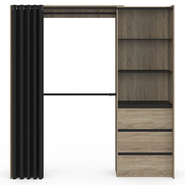 ID MARKET - Dressing extensible MARTY 120/170 x 50 x 180 cm hêtre avec 3 tiroirs + étagères + double penderie + rideau noir - large
