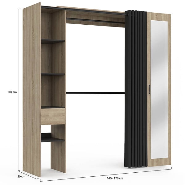 ID MARKET - Dressing extensible MERYL 145/170 x 50 x 180 cm hêtre avec étagères + double penderie + miroir + rideau noir - large