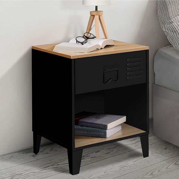 ID MARKET - Lot de 2 tables de chevet ESTER 1 tiroir métal noir avec niche et plateau façon hêtre design industriel - large