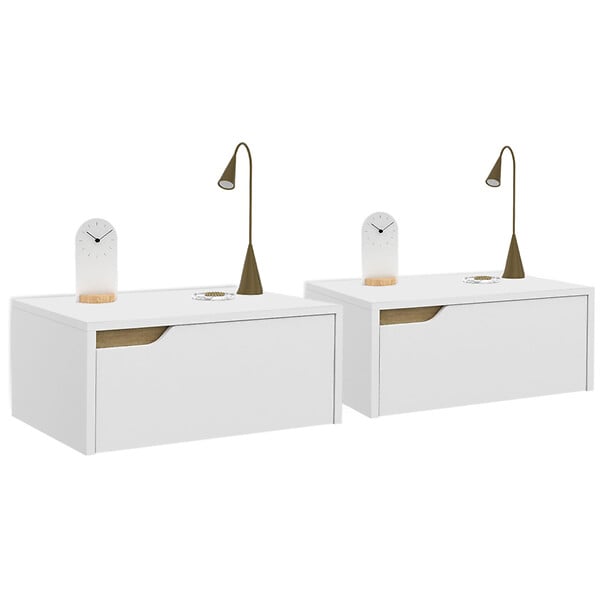 ID MARKET - Lot de 2 tables de chevet murales HELSINKI scandinaves 1 tiroir étagère suspendue blanc - large