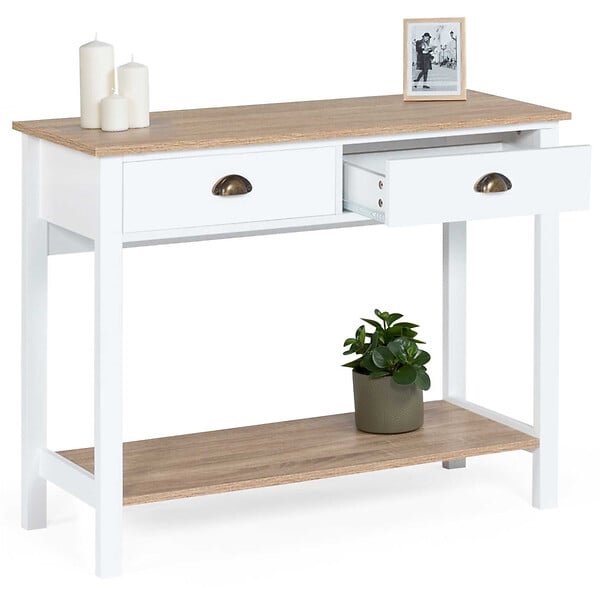 ID MARKET - Console 2 tiroirs campagne ISIS 1 étagère bois et blanc - large