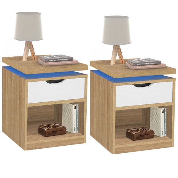 ID MARKET - Lot de 2 tables de chevet LUNA à LEDS 1 tiroir avec niche hêtre et blanc - large