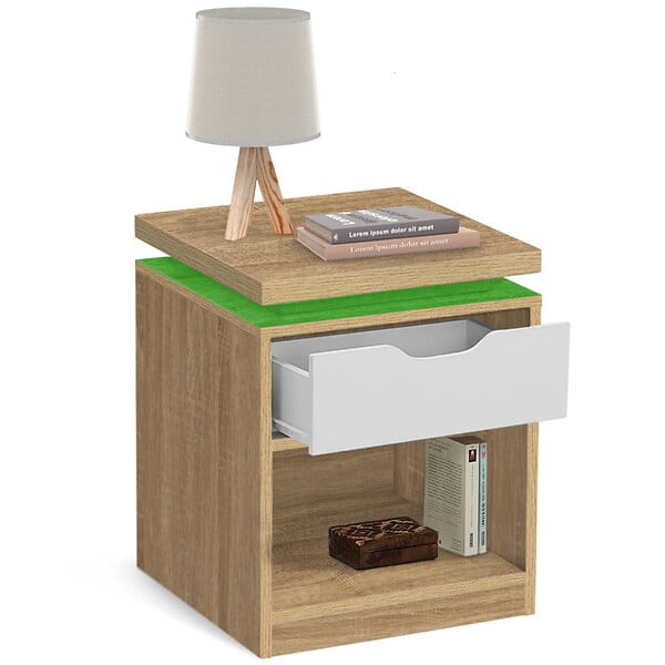 ID MARKET - Lot de 2 tables de chevet LUNA à LEDS 1 tiroir avec niche hêtre et blanc - large